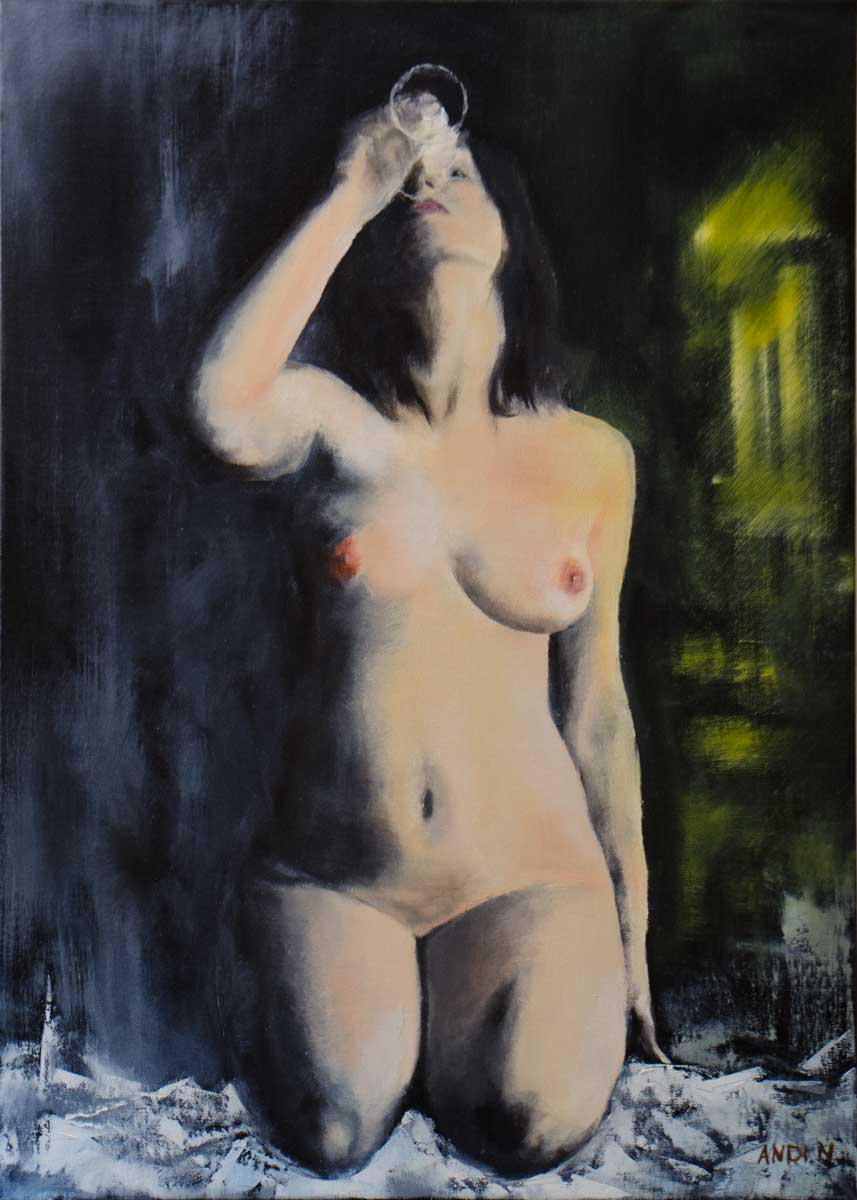 Сontemporary female nude oil painting on canvas evening solitude figurative art