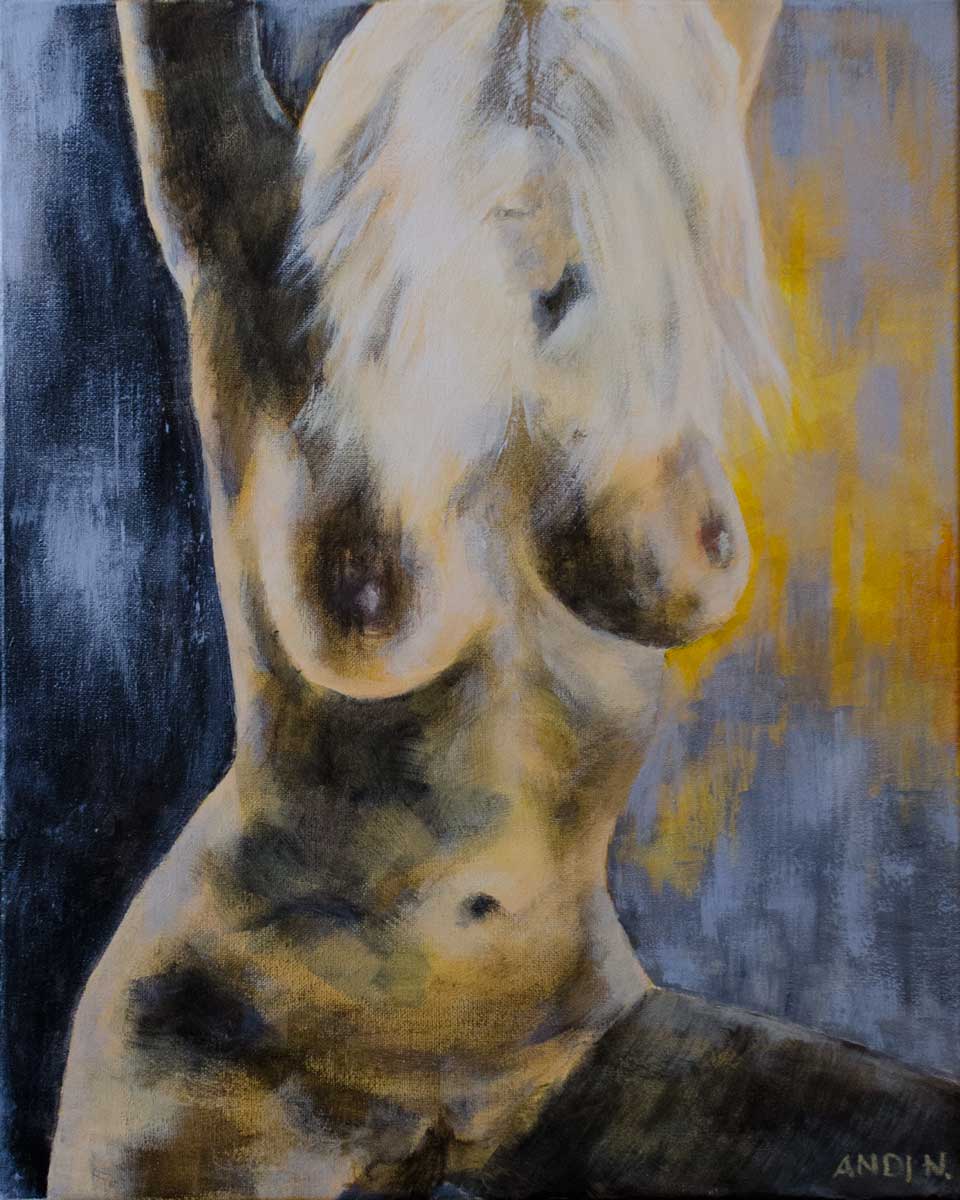 Blonde contemporary female nude acrylic painting with expressive brushwork and warm golden tones
