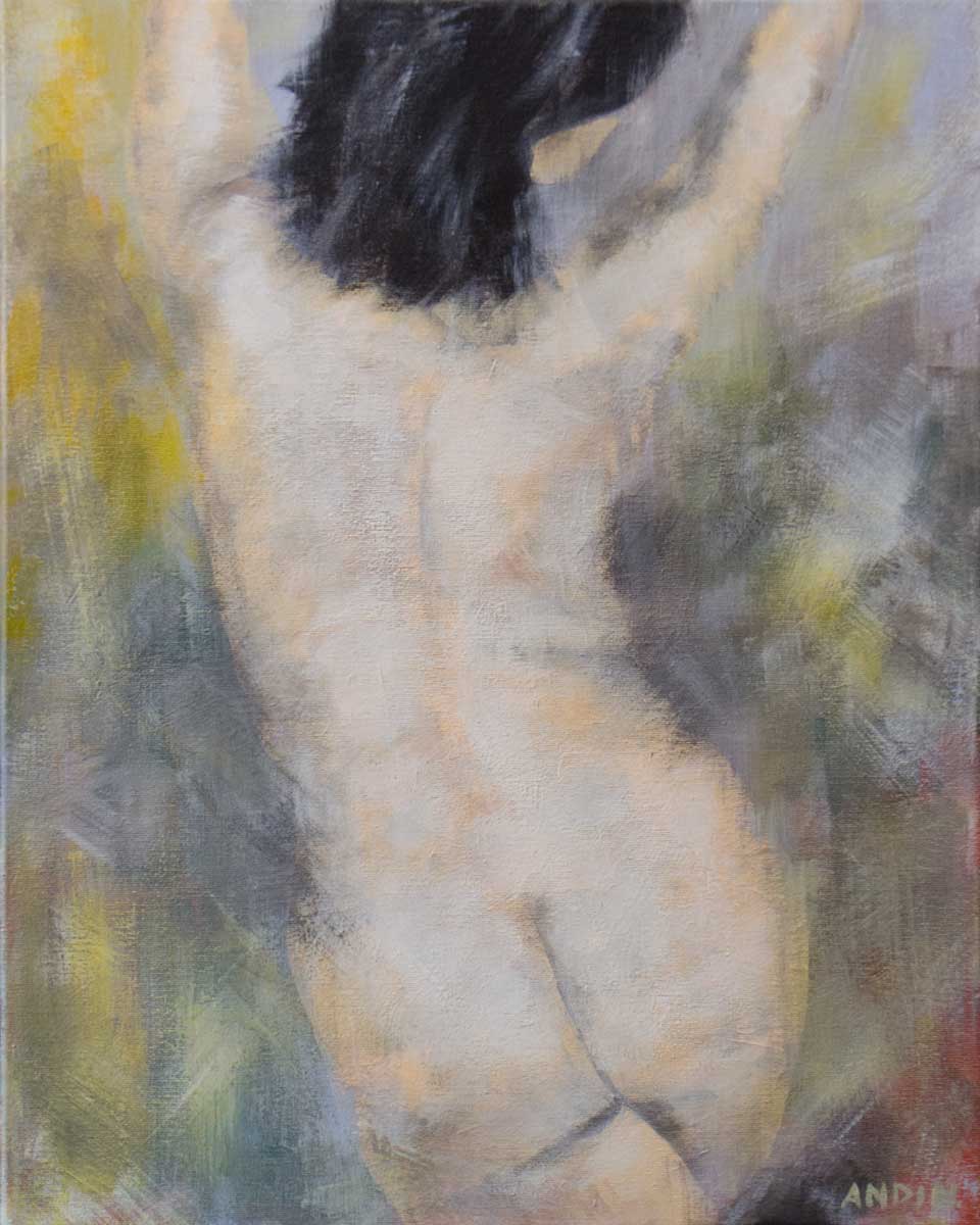 Dancing contemporary female nude acrylic painting expressing movement and gesture in figurative art style