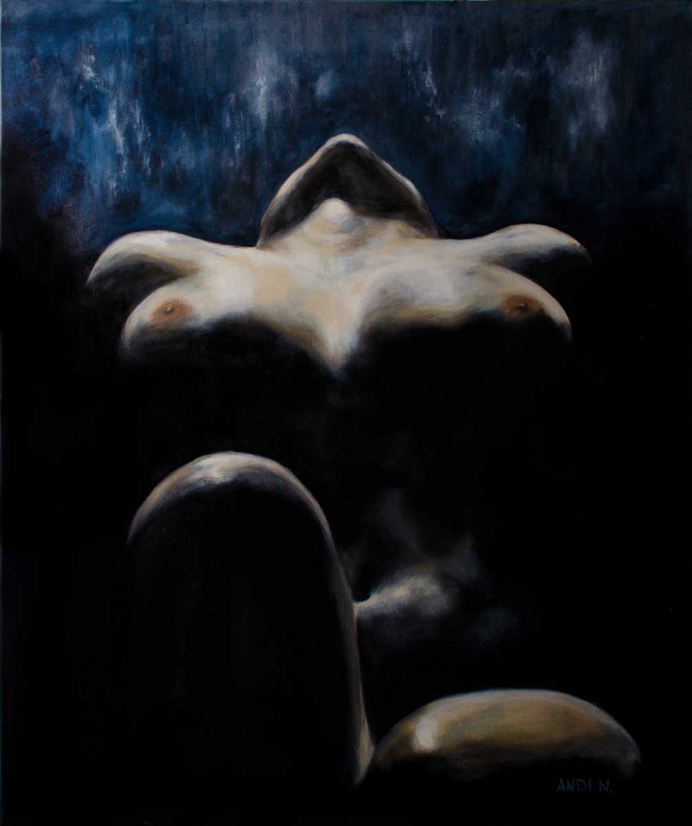Sin#3 sensual female nude oil painting in dark moody style with dramatic lighting and expressive contemporary figurative composition