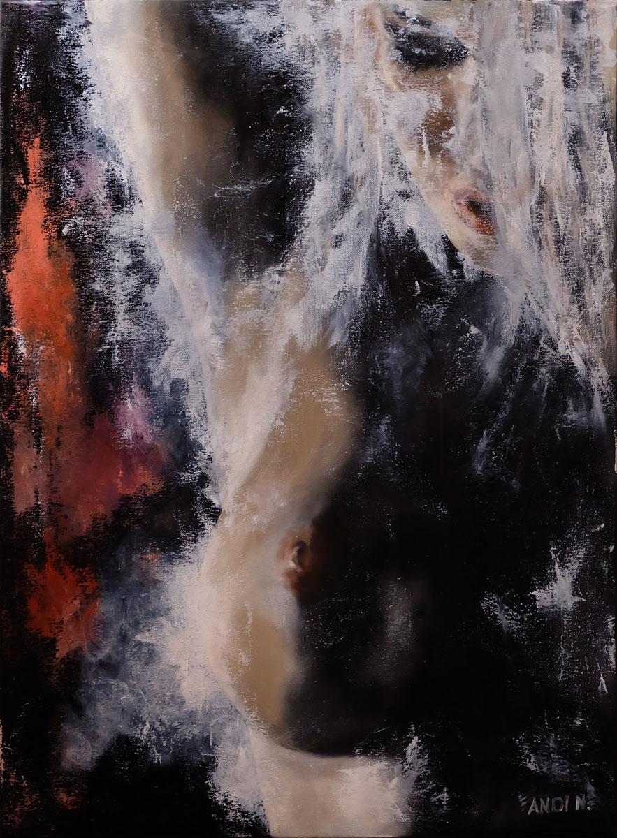Whispering Dance by Andi N – original oil nude painting depicting a graceful female figure emerging from expressive brushstrokes, inspired by dance, movement, and dramatic light and shadow.
